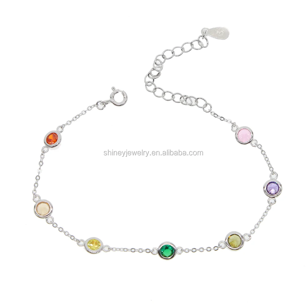 

100% guarantee 925 sterling silver colored bezel cz multicolor rainbow cz station silver bracelet, Rhodium