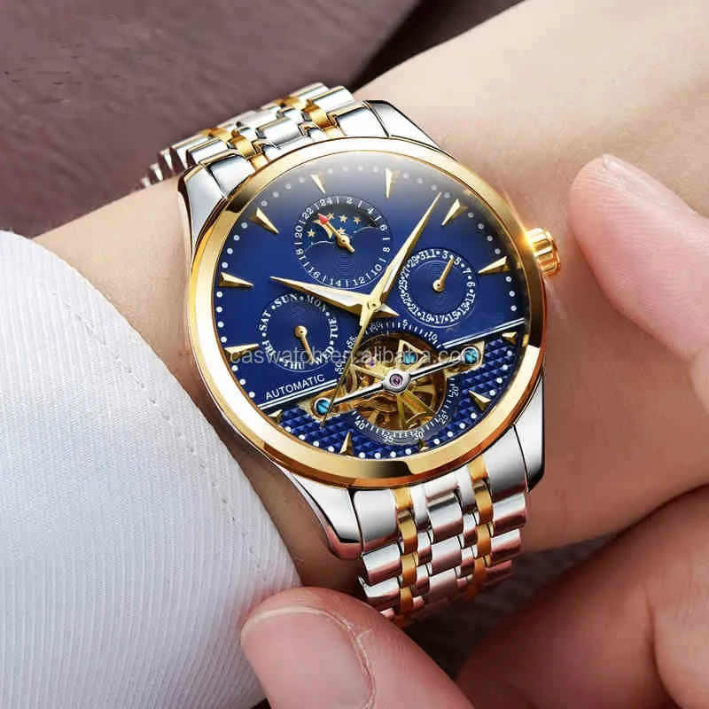 

watches men automatic mechanical visible backover 3atm waterproof watch 316 stainless steel wristwatch tourbillon