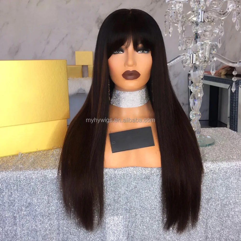

High Quality Natural Color Long Straight 100% Brazilian Hair Wig 8 To 28 Inches Lace Front Wig 150% Density With Beautiful Bang