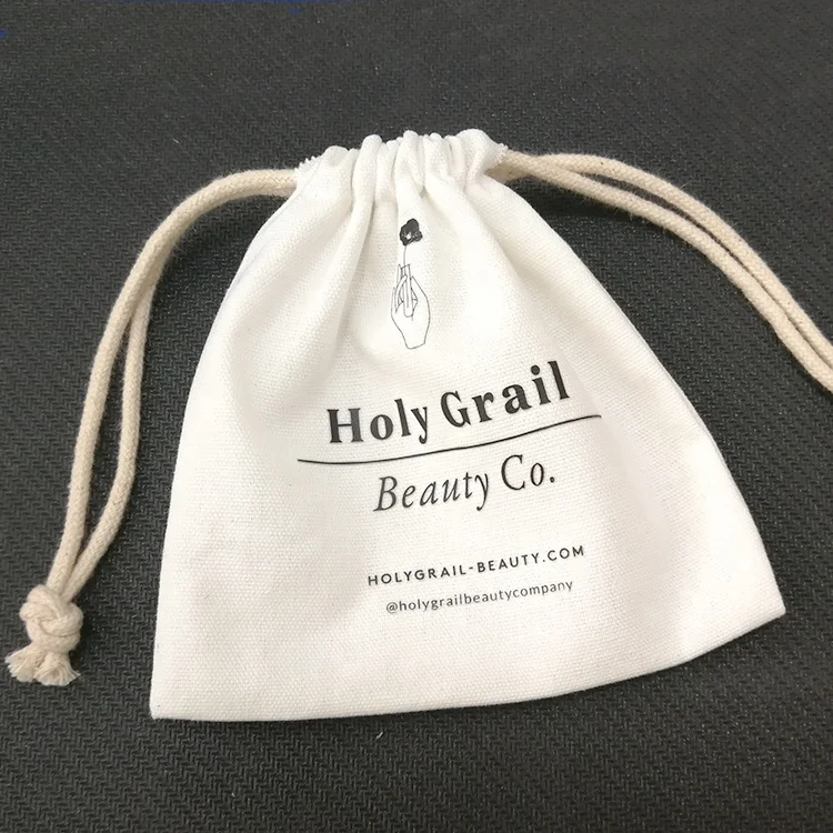 

White printed cotton canvas drawstring bag, skin care products packing dust bag