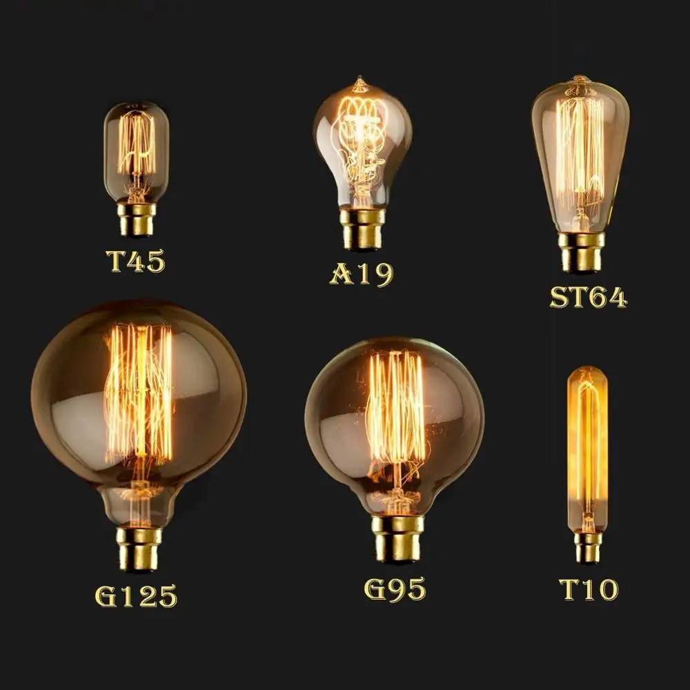 China supplier B22 bayonet retro vintage Edison lighting bulb A19 A60 ST64 T10 T45 G80 G95 G125 carbon filament bulb