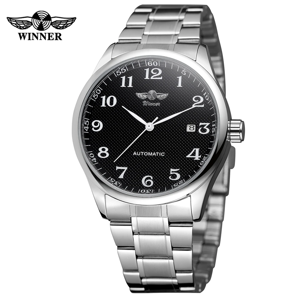 

WINNER 458 Men Automatic Mechanical Watch Simple Style Stainless Steel Band Business Watch Auto Date, As picture