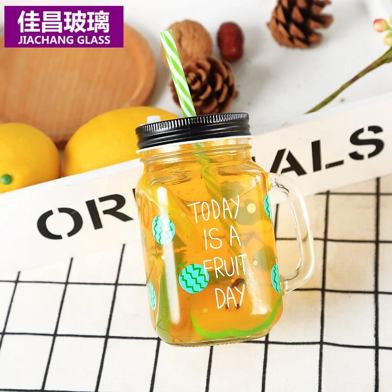 

Wholesale Transparent 16 oz Mason Jar with Handle Straw Fruit Beverage Mason Jar, Clear