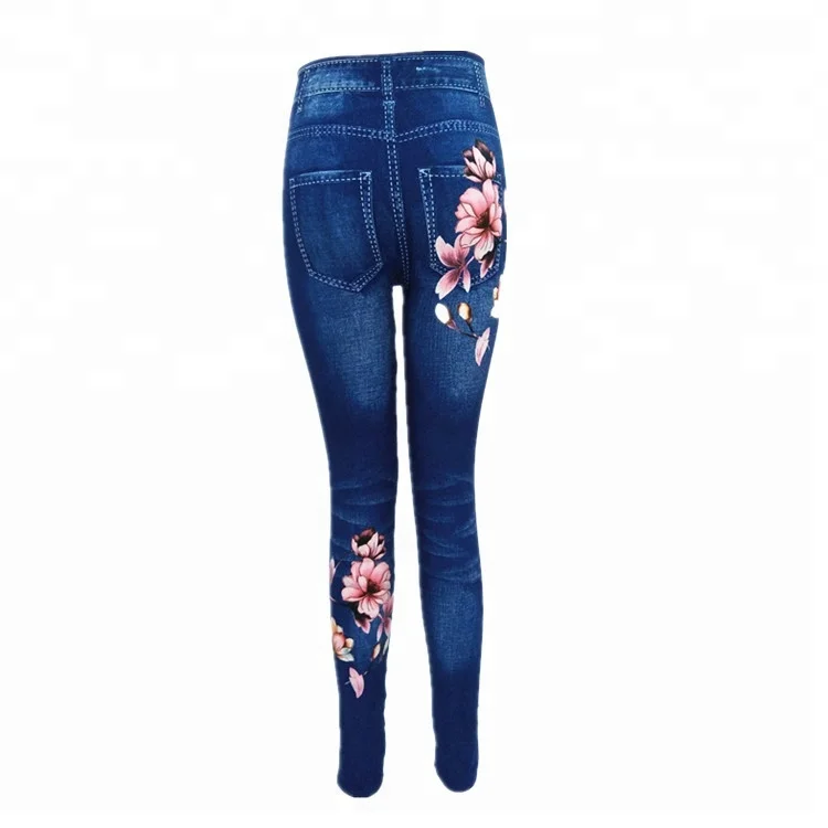 
Womens seamless print flowers sliming jeans legging jegging high elastic denim jean pants 