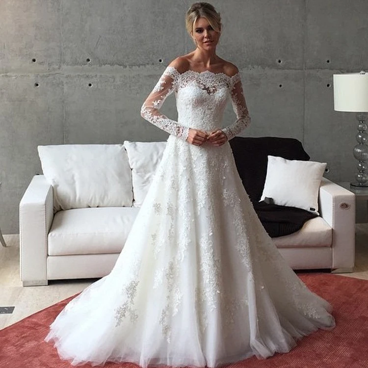long sleeve off the shoulder bridal gowns