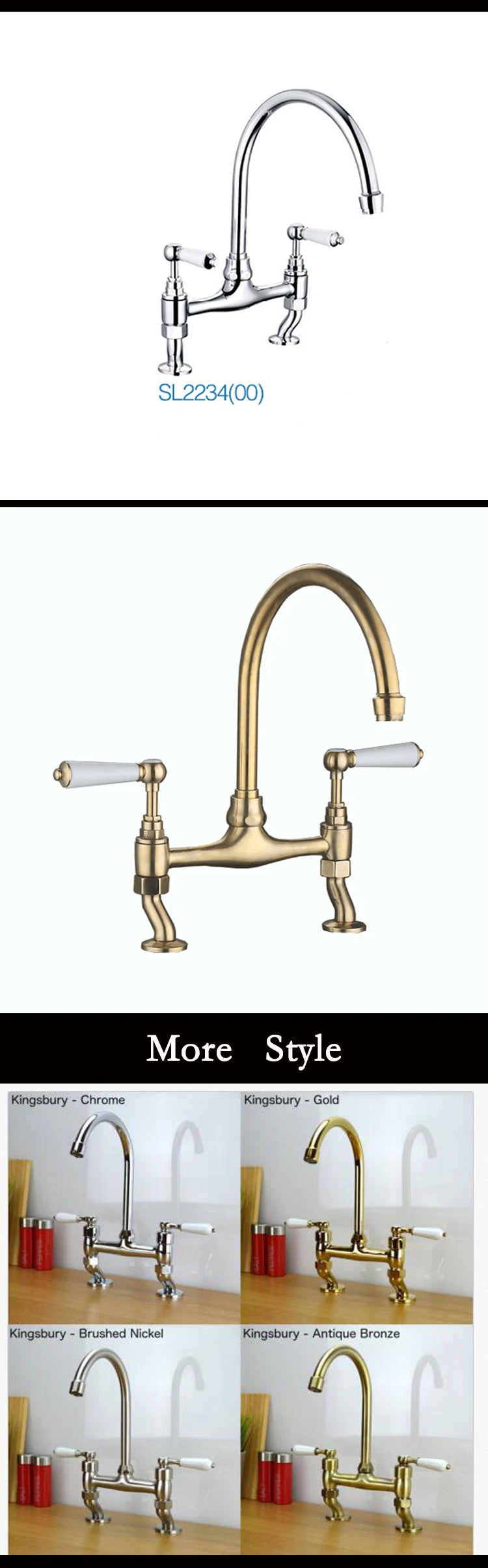 High quality bridge double handle antique luxury brass gold kitchen faucet