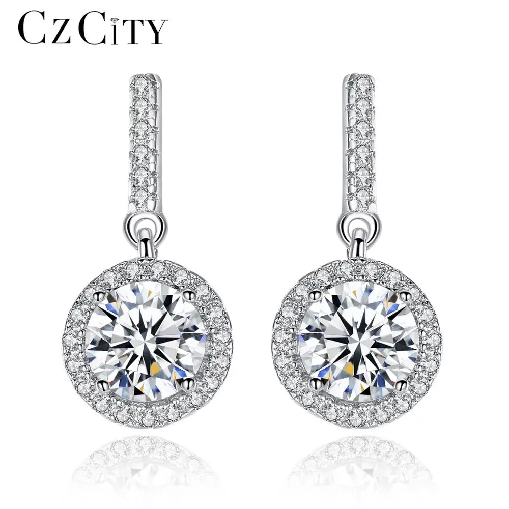 CZCITY Zircon Real Silver Drop Long Earrings Women Dangle Hanging Earring 925 Sterling-Silver Luxury Fine Jewelry