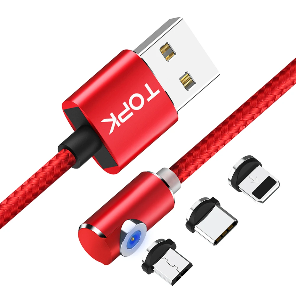 

Free Shipping TOPK AM51 90 Degree LED Mobile Phone Charger Magnetic Micro USB Type C Charging Cable, Black/red/gold/sliver