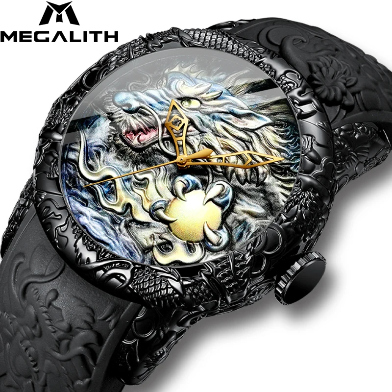 MEGALITH Golden Alloy Skeleton Male Watch Men Mechanical Exquisite Watches Clock Waterproof Strap Cool Dragon Wristwatch