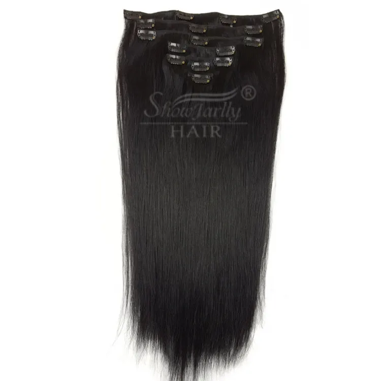 

Wholesale brazilian human hair weave clip ins remi human hair off the black thickness and length clip in hair extensions