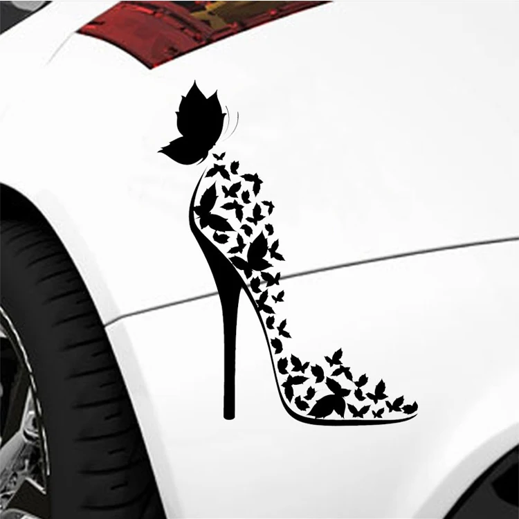 Fashion Butterfly Decor Vinyl Car Sticker Motorcycle High heels Black Silver HF