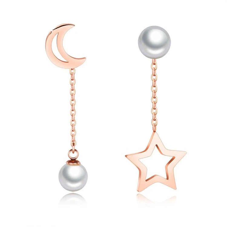 

Rose Gold Long Earrings Simulated Pearl Drop Earrings Stainless Steel Moon Star Asymmetry Earrings (KSS202), Same as the picture