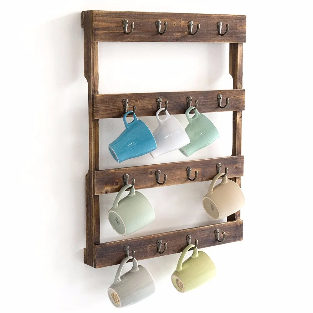 Wall Mounted 16 Hook Torched Wood Coffee Mug Cup Holder Display Rack ...