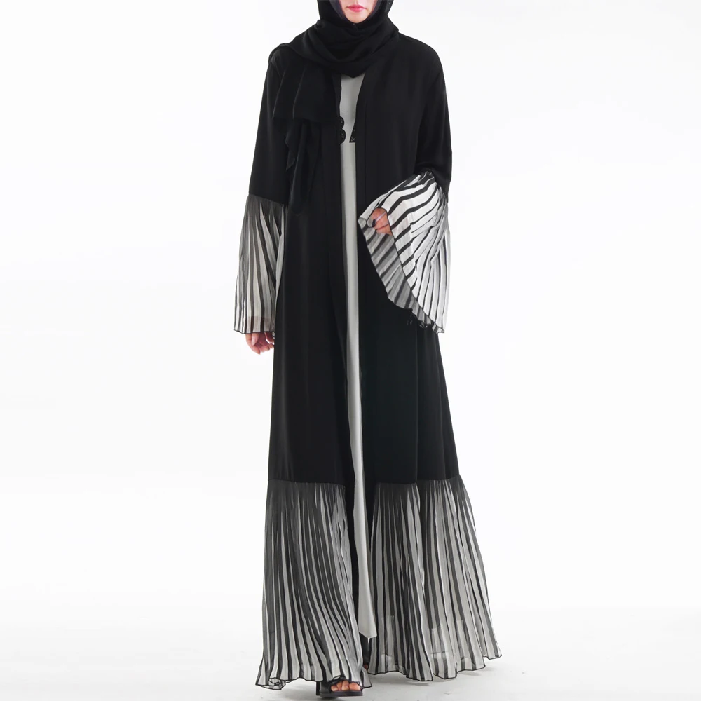 

plus size women islamic clothing luxury trumpet cuff pleated abaya muslim dress, Black