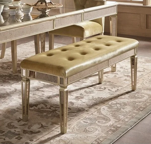 Antique Gold Mirrored Dining Bench Velvet Upholster Bed Stool