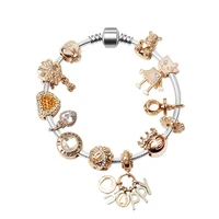 

KIKI Rose Gold Charm Bracelet Bangle With Crystal Heart Rabbit Princess Robot Flower Beads Happy Pendant Jewelry (KCB004)