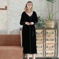 

Wholesale Velour Long Elegant Sleepwear Velvet Fleece Soft Smooth Kimono Ladies Sexy Black Lace Robe