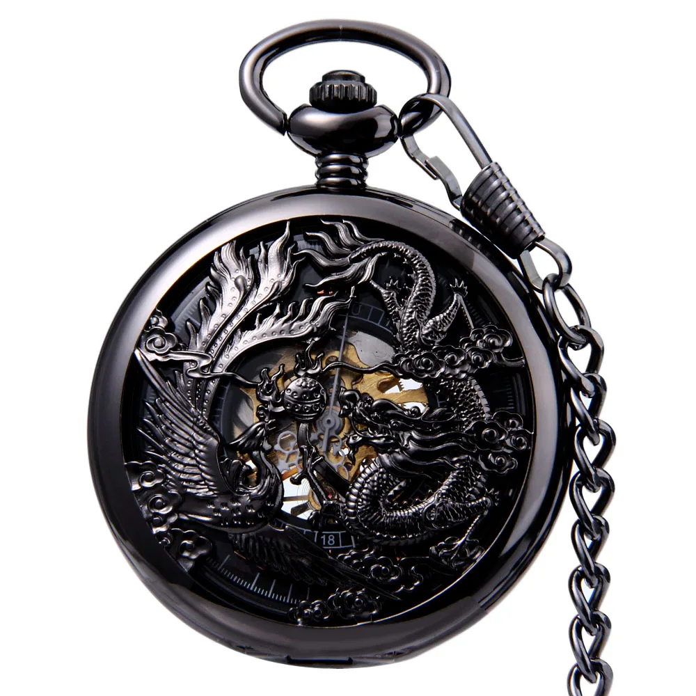 

2019 Lucky Dragon Phoenix Retro Skeleton Dial Antique Mechanical Pocket Watch