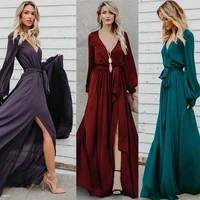 

Simple Soft V Neck Belt Pretty Lady Clothes Long Sleeve Maxi Dress Dresses Women Lady Elegant