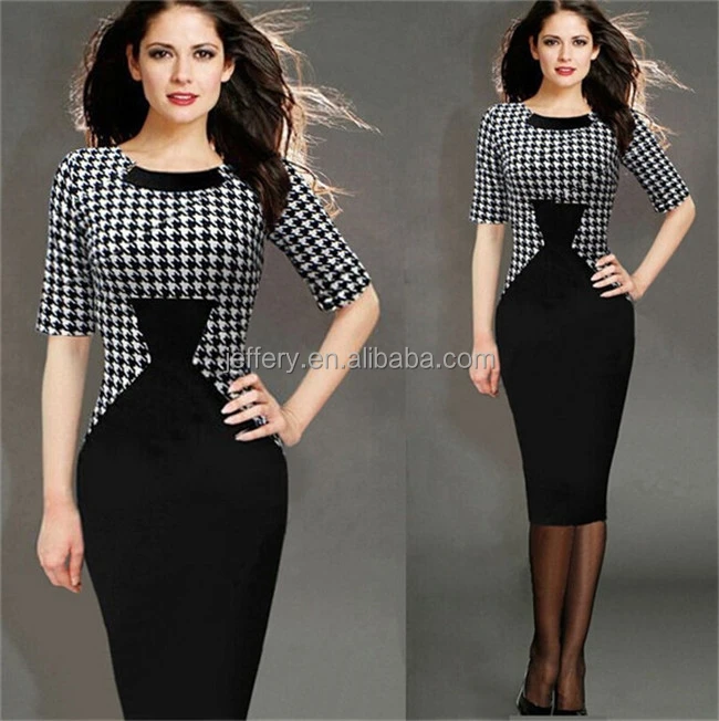 

Houndstooth and plaid patchwork shift office dress with mid sleeve H023