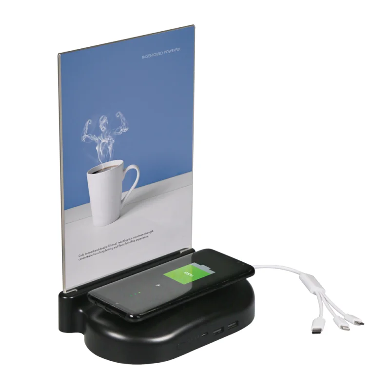 
Standby Wireless Charging 2 USB Ports Advertising Menu Holder Power Bank 20000mah with 3 in 1 Charging Cable for Restaurant 
