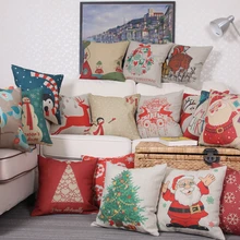 Cartoon Deer Santa Claus Printed Cotton Christmas Cotton linen blend Throw Home Decorative Cotton Linen Cushion Cover 45 x 45cm