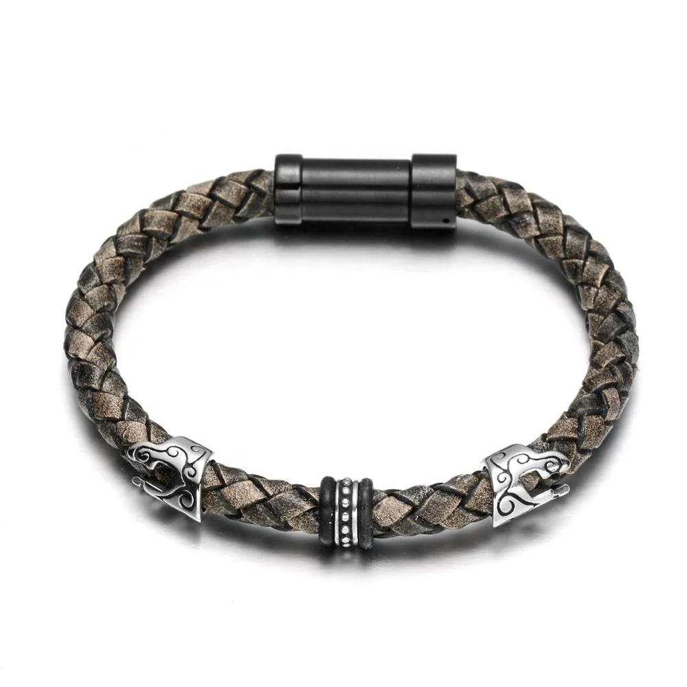 

REAMOR Men's Handmade Genuine Leather Braided Bracelet 316L Stainless steel Lion Head Female Bracelet Trendy Jewelry