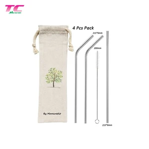 Image of Reusable Silver Metal Drinking Straws Food Grade 304 Stainless Steel Straw Set With Drawstring Pouch Bag