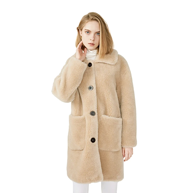 

Wholesale Sheep Fur Collar Women Jacket Wool coats Customize Winter Shearling Suede Coat
