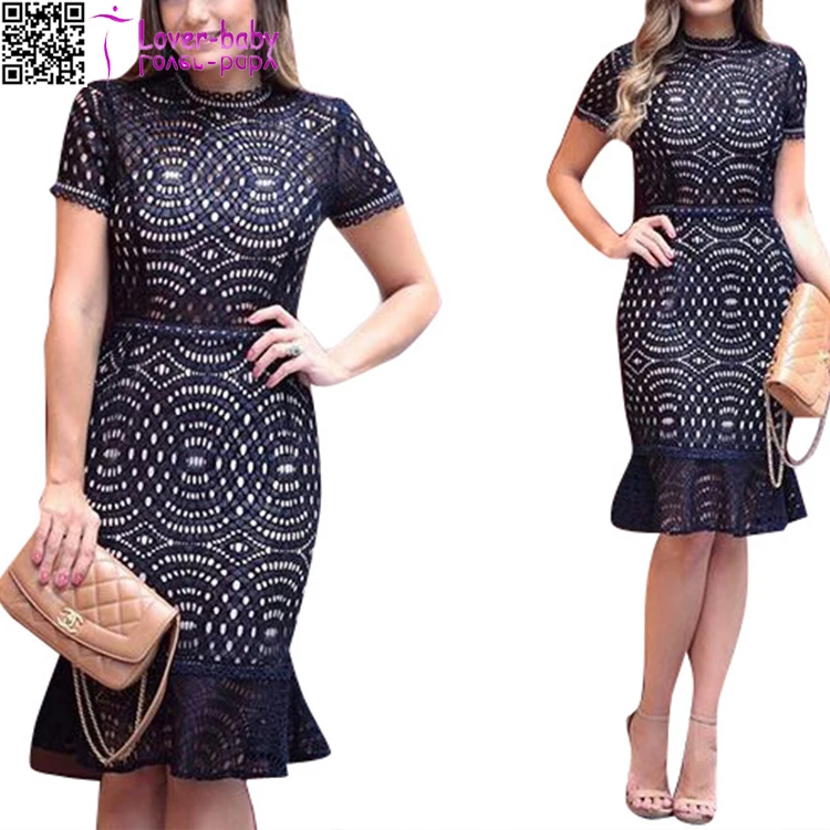 

Short Sleeve Black Lace Mermaid fashion Midi Dress women sexy L36177, As shown
