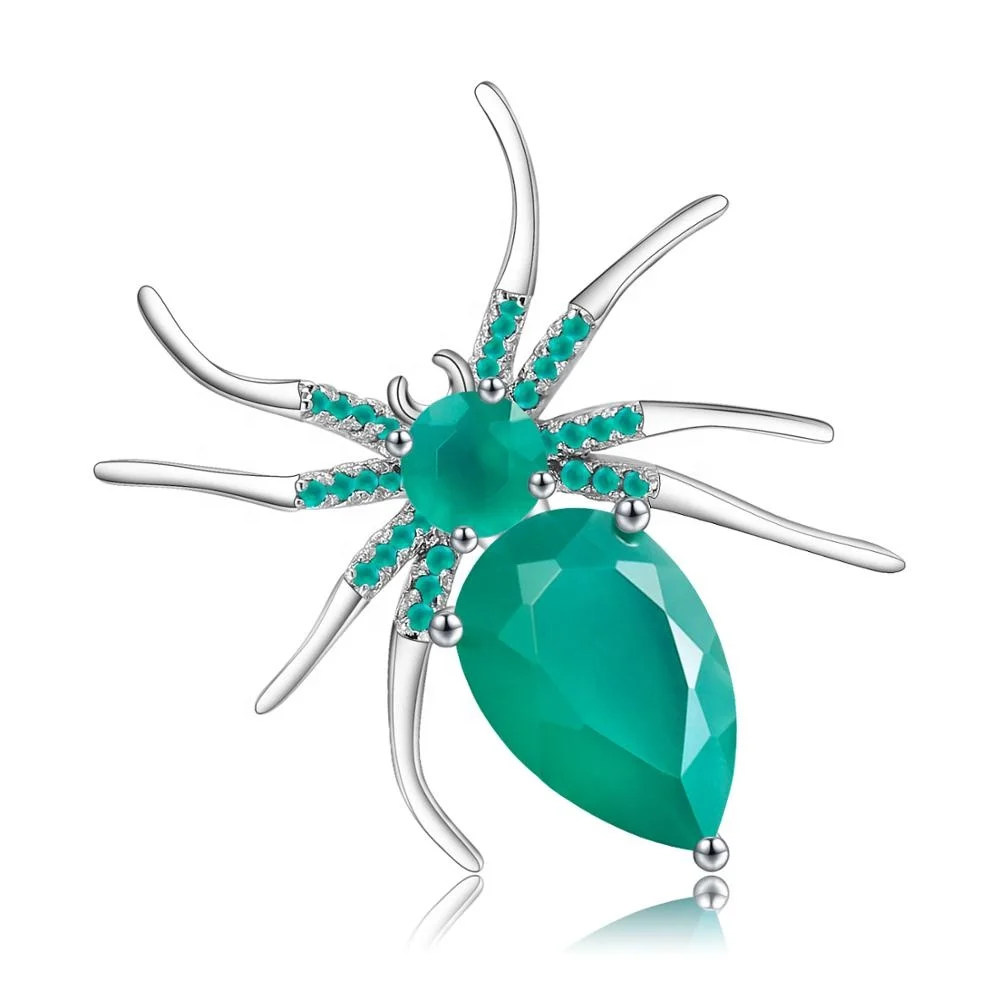 

Abiding Natural Green Agate Gemstone Handmade Women Fashion Jewelry 925 Sterling Silver Spider Brooch