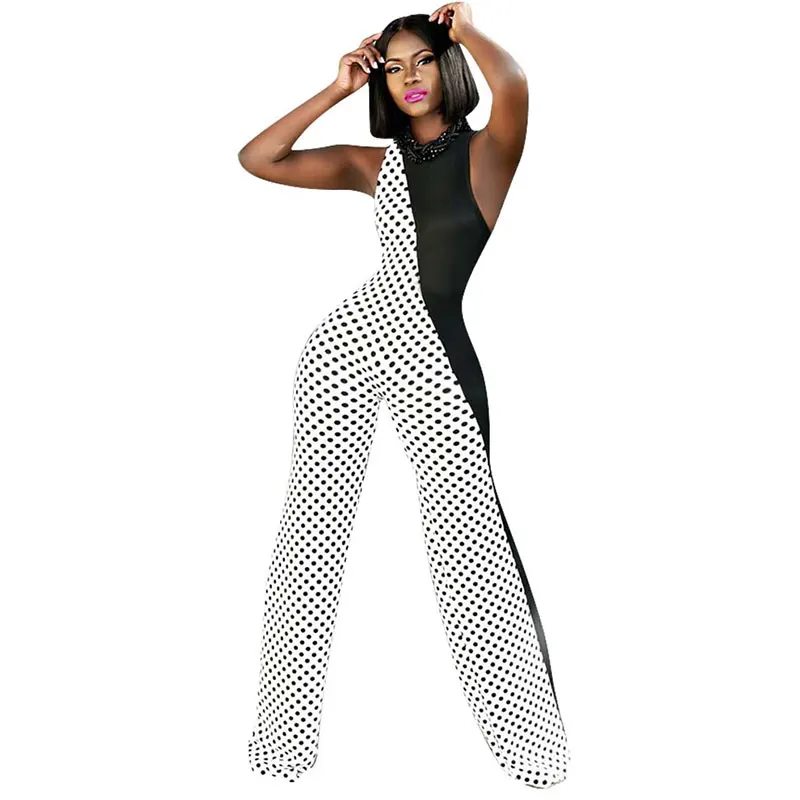 

Patchwork Polka Dot Print Party Long Jumpsuit With Wide Leg, N/a