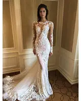 

Sexy See Through Long Sleeve Wedding Dress Mermaid Lace Floral Trumpet Bridal Gowns