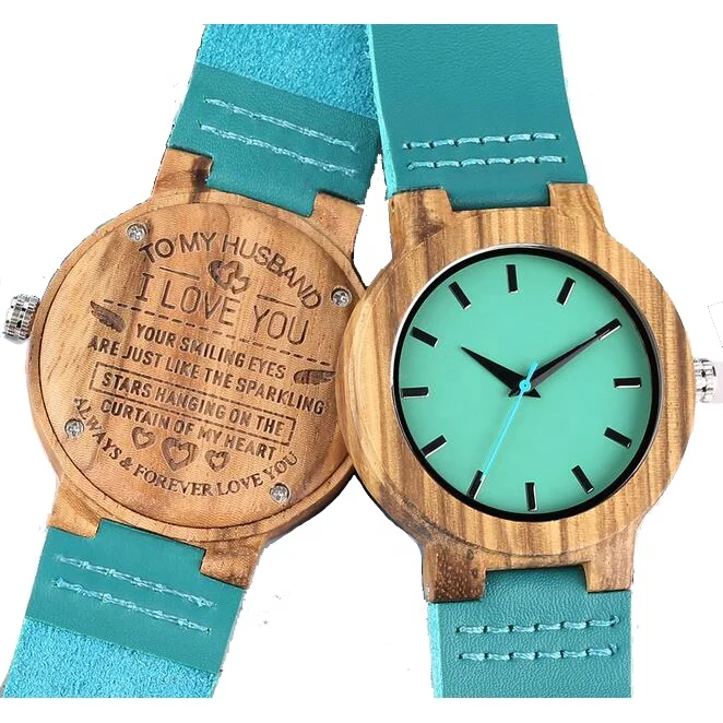 

Personalized Engraved Wood Watch Blue Wooden Watches Best Women Groomsman Anniversary Gift To My Man