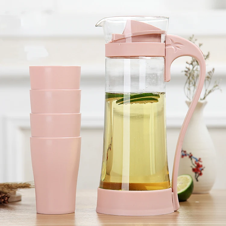 

Heat resistant milk juice hot cold water plastic cups pitcher set glass jug with infuser lid, Nordic pink/bule/green/beige