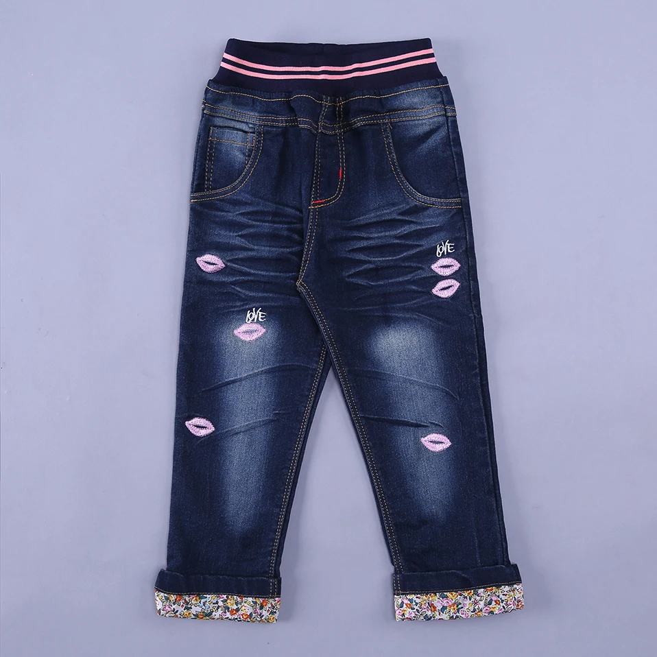 

Hot Wholesale Fancy Girls Jeans With Pink Lips Elastic Waist Baby Girl Denim Pants Kids Casual Clothes