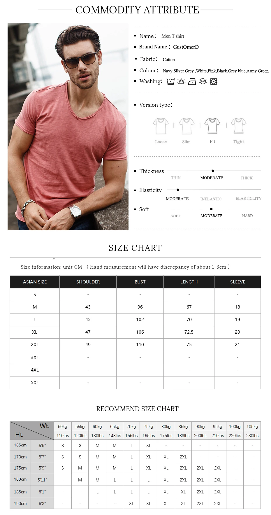 T-shirt Men's V-neck Slim Fit Pure Cotton T-shirt Fashion Short Sleeve ...