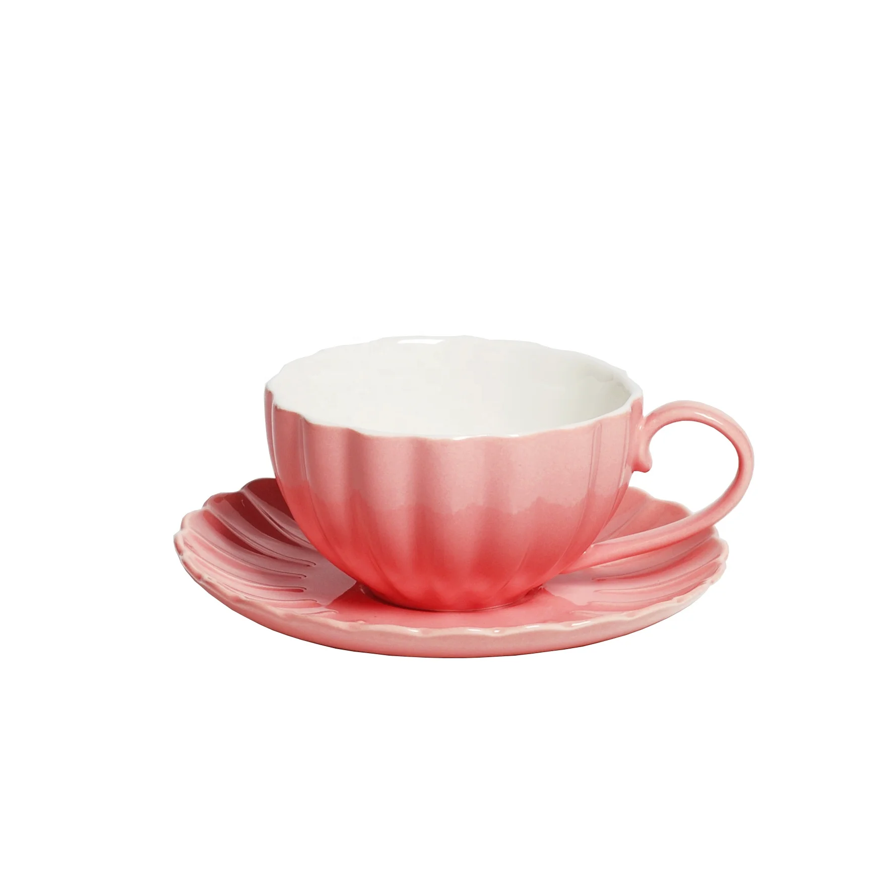 

European Style Classical Wholesale Pumpkin Afternoon Tea Ceramic Colored Glazed Coffee Cup and Saucer Customize Logo Acceptable, Pink,blue,green,red,purple,yellow,etc/customized