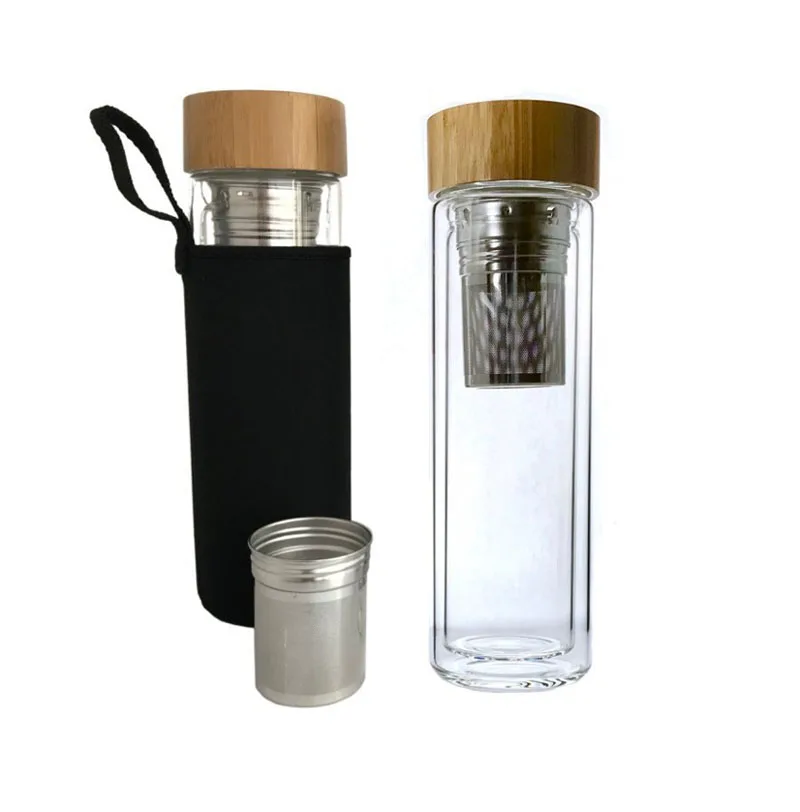 

Insulated Double Layer Custom 400ML Glass Water Bottle With Infuser Bamboo Lid, Clear transparent