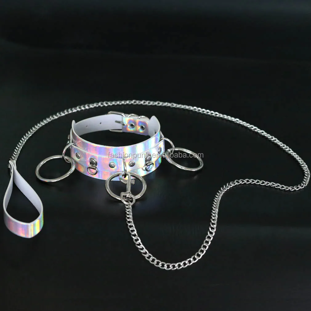 Sexy 3 Ring Choker With Chains Slave Holographic Laser Pastel Leather O