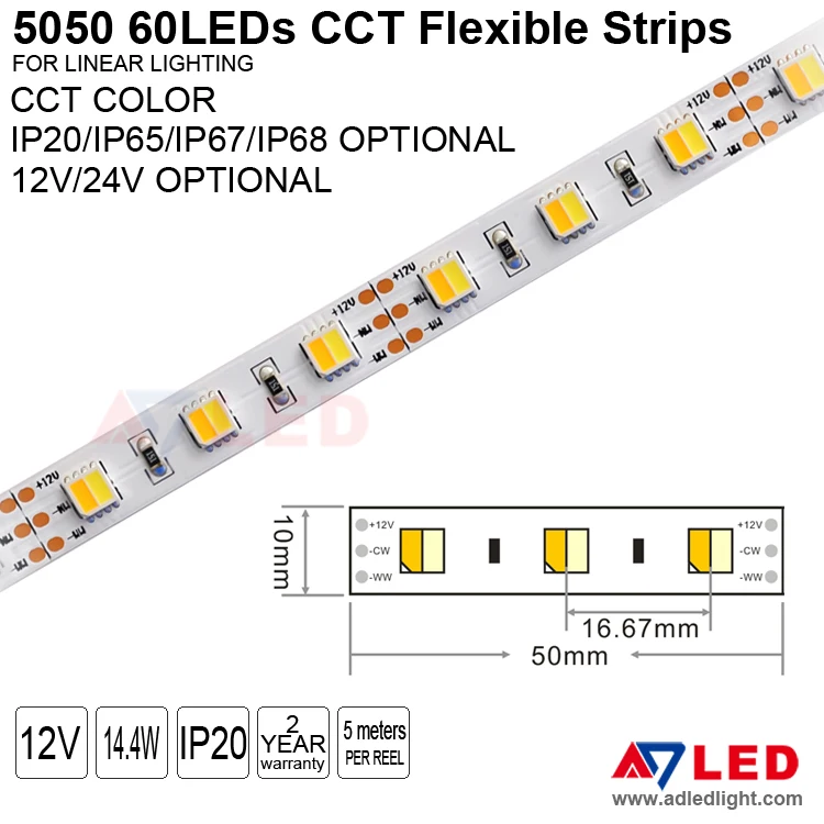 Led tape light high lumen 14.4w/m 12 volt 60leds 5050 smd multi color rgb cct led strip