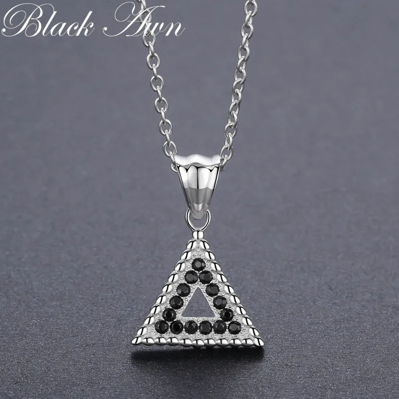 

[BLACK AWN] 925 Sterling Silver Necklace for Women Black Spinel Triangle Slide Necklaces Pendants Sterling Silver Jewelry P194