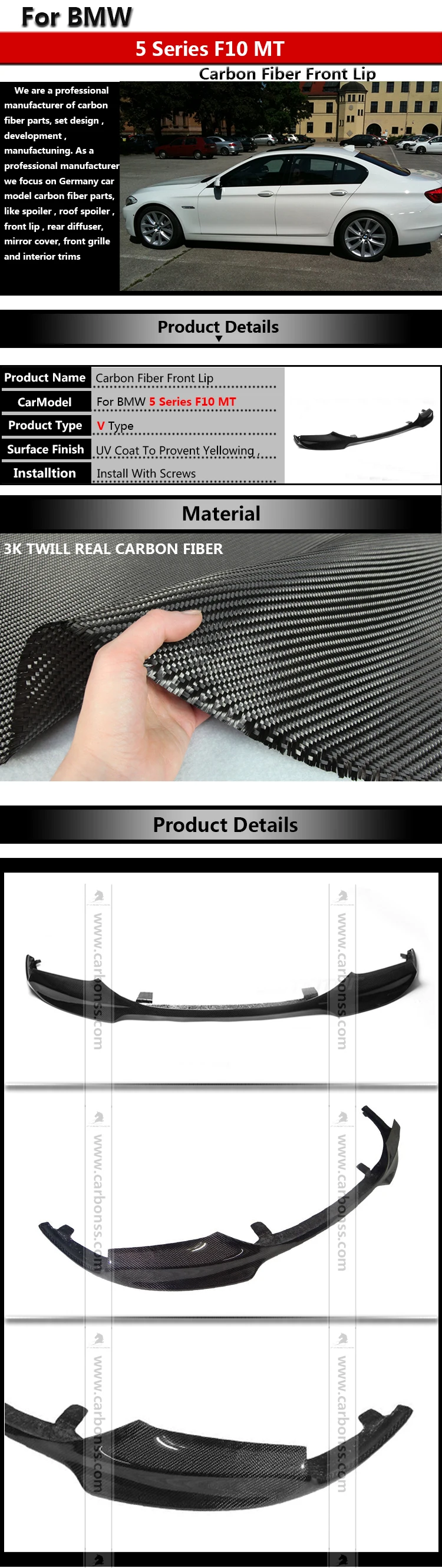 Car Front Lip For Bmw F10 M Tech Carbon Fiber Front Bumper V Type 2010