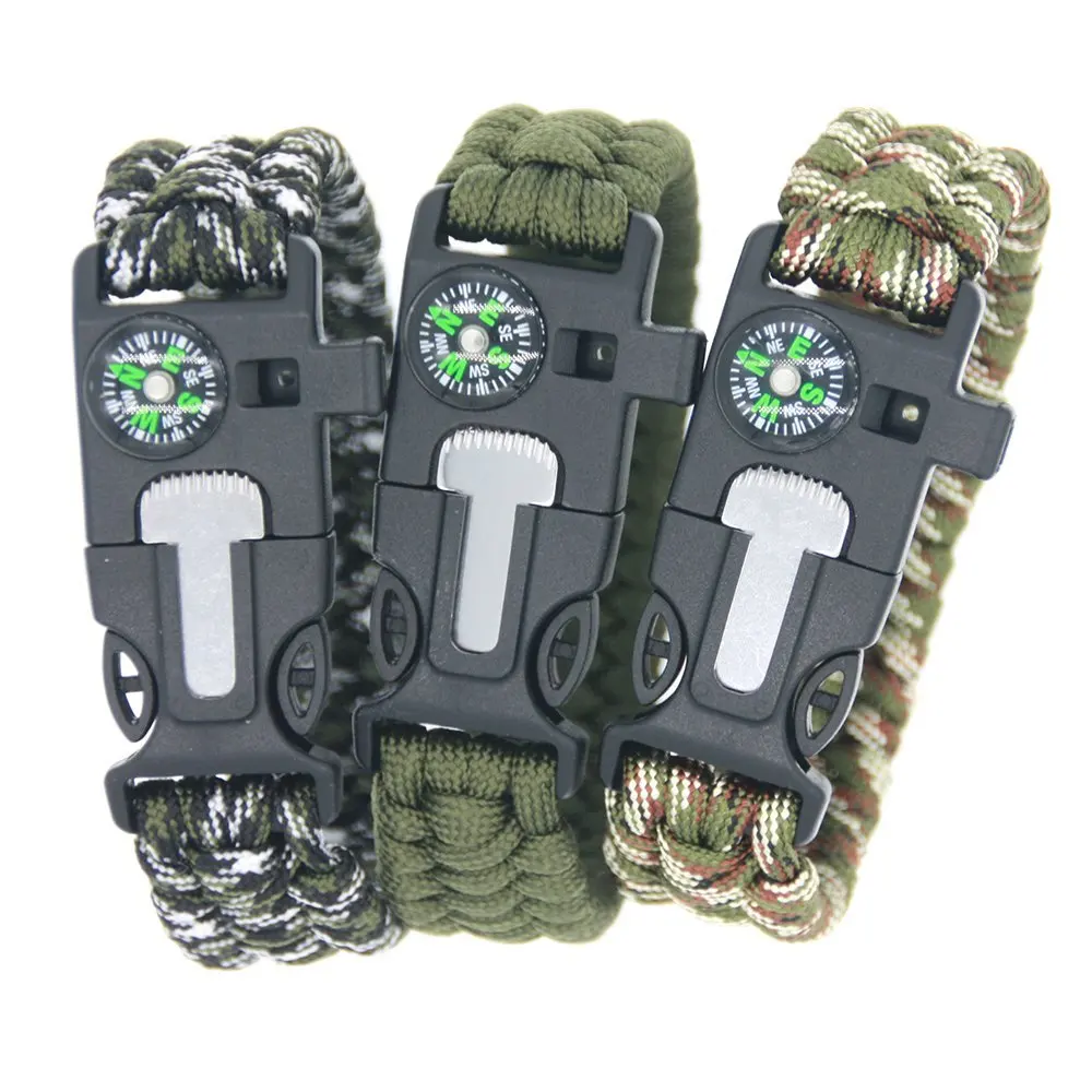 

Wholesale Portable Outdoor Survival Equipment Whistle Compass High Density 550 Paracord Bracelet for Camping Hunting