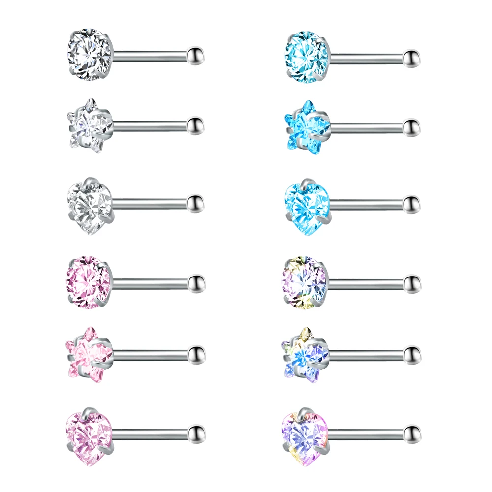 

Blue Pink rainblow color Round, Star and Heart Zircon surgical stainless steel nose studs