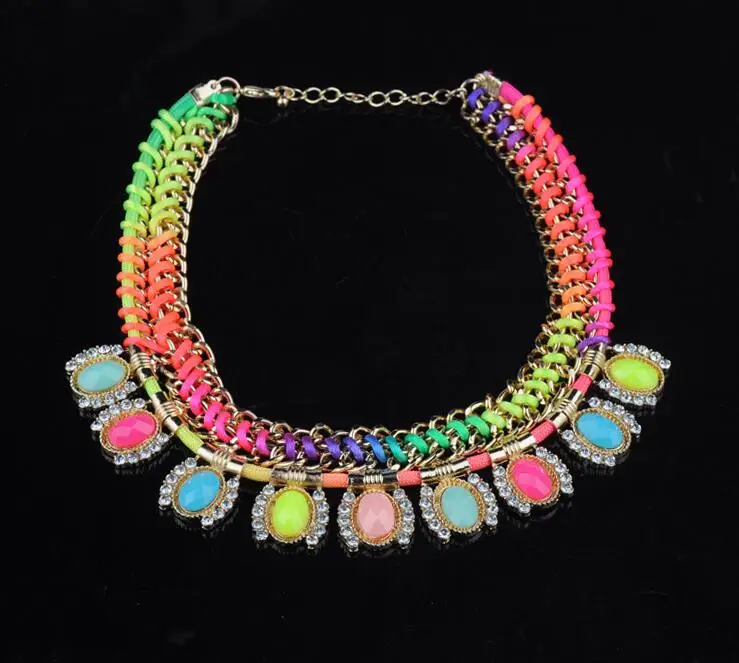 Alloy resin glass stone statement bib necklace , women 's fabric rope choker necklace