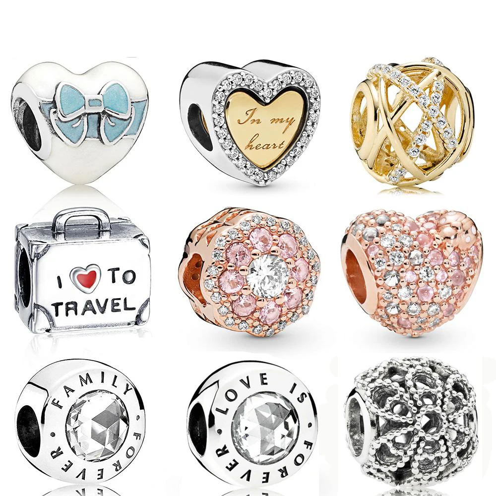 

925 Sterling Silver Galaxy Openwork Pink Dazzling Fashion Design Heart Love Travel Suitcase Charm Beads Fit Woman Bracelet