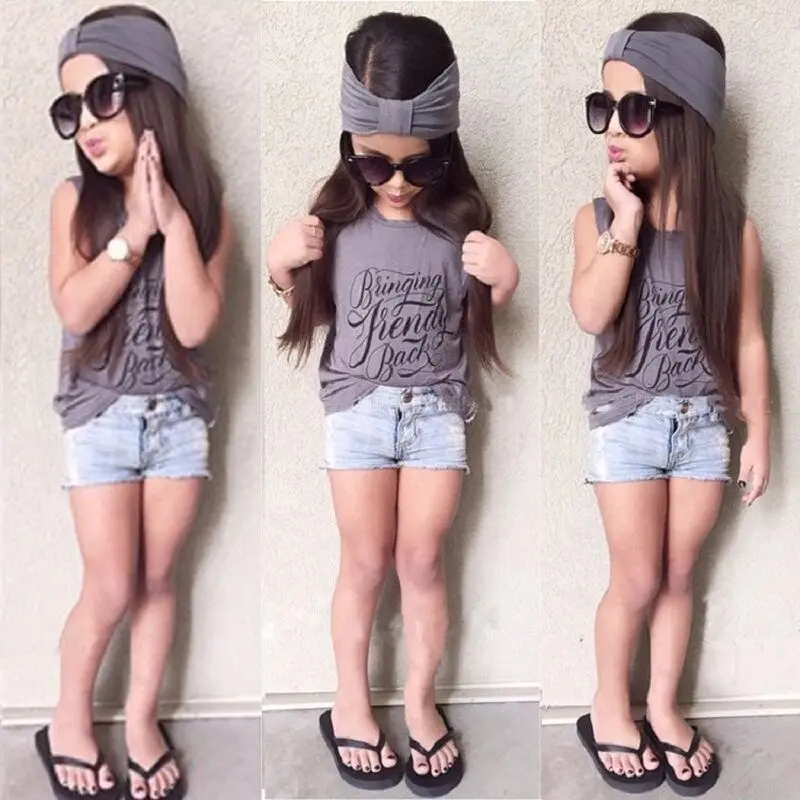 

Kids Clothing Sets Designs Cotton Girl Tops Vest And Denim Shorts And Head Scarf, As picture
