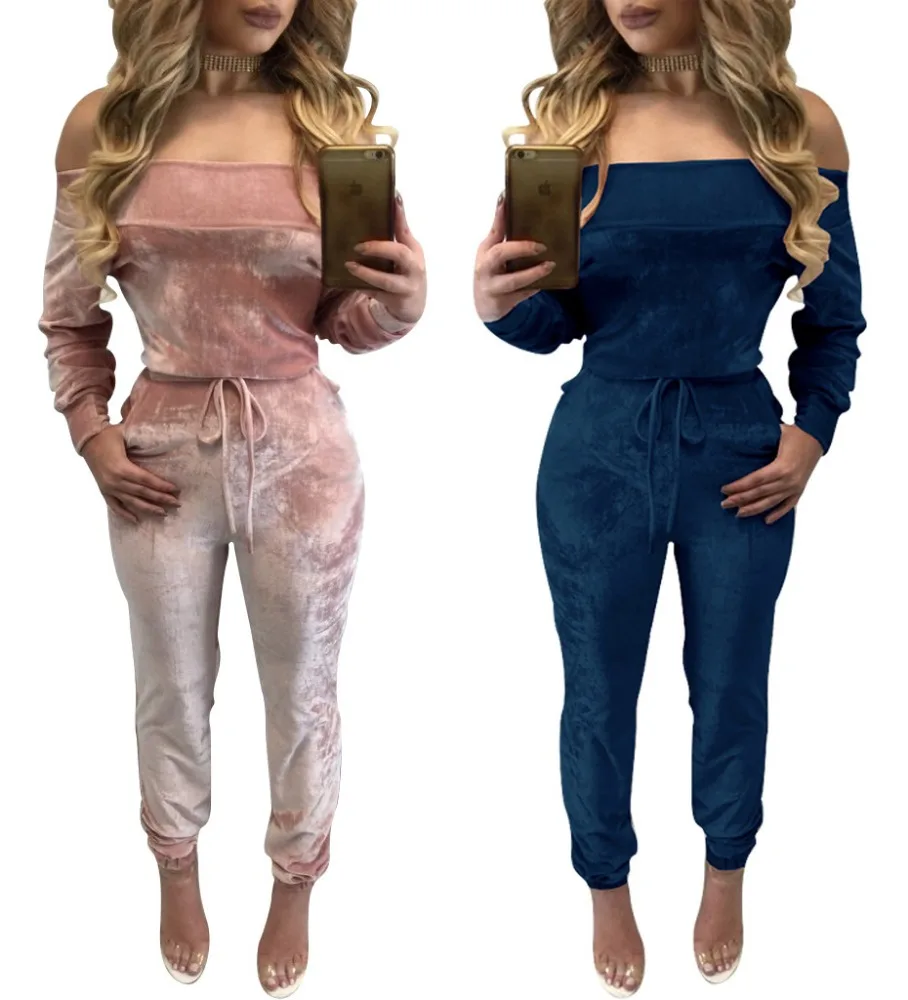 

Jumpsuits for Women Sexy 2018 New Arrival High Street Style Long Sleeve Off-shoulder Jumpsuit Velvet Rompers, Red/pink/blue