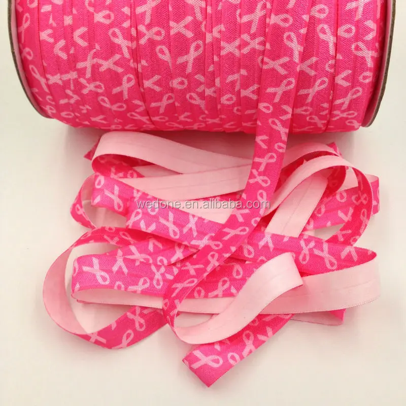 

100 yards Breast Cancer Awareness Fold Over Elastic 5/8" Pink Ribbon FOE Elastic for Hairband DIY Hair Accessories, As per picture, pink ribbon on dark pink